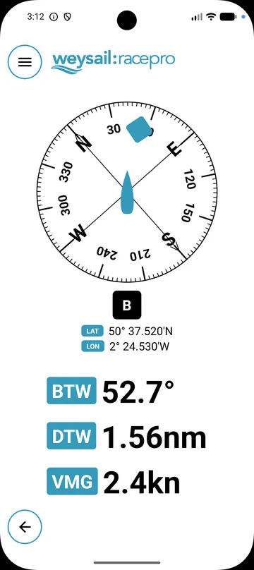 The weysail navigation screen: a compass with the boat pointing up, mark B, and bearing 52.7°, distance 1.56 nautical miles and VMG 2.4 knots.